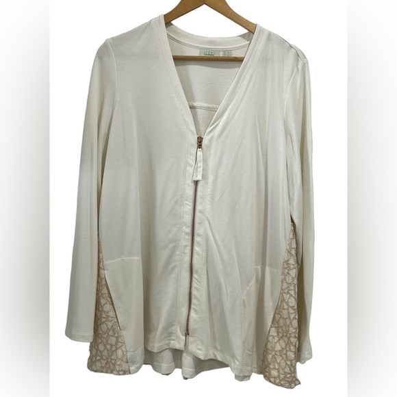 LOGO Lounge by Lori Goldstein Zip Front Cardigan with Lace Back in Ivory - L - Picture 1 of 9